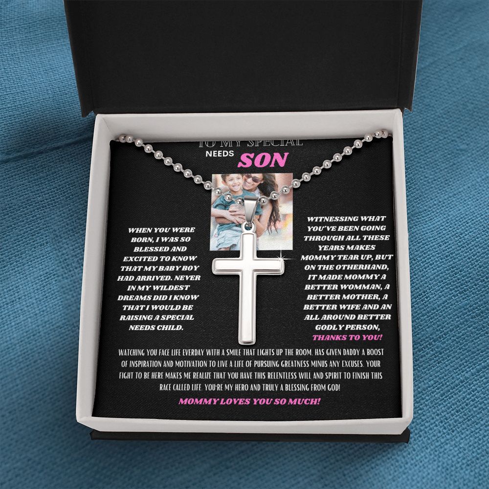 TO MY SPECIAL NEEDS SON FROM MOMMY STAINLESS CROSS NECKLACE