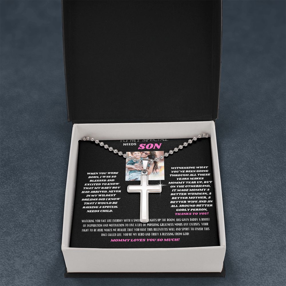 TO MY SPECIAL NEEDS SON FROM MOMMY STAINLESS CROSS NECKLACE