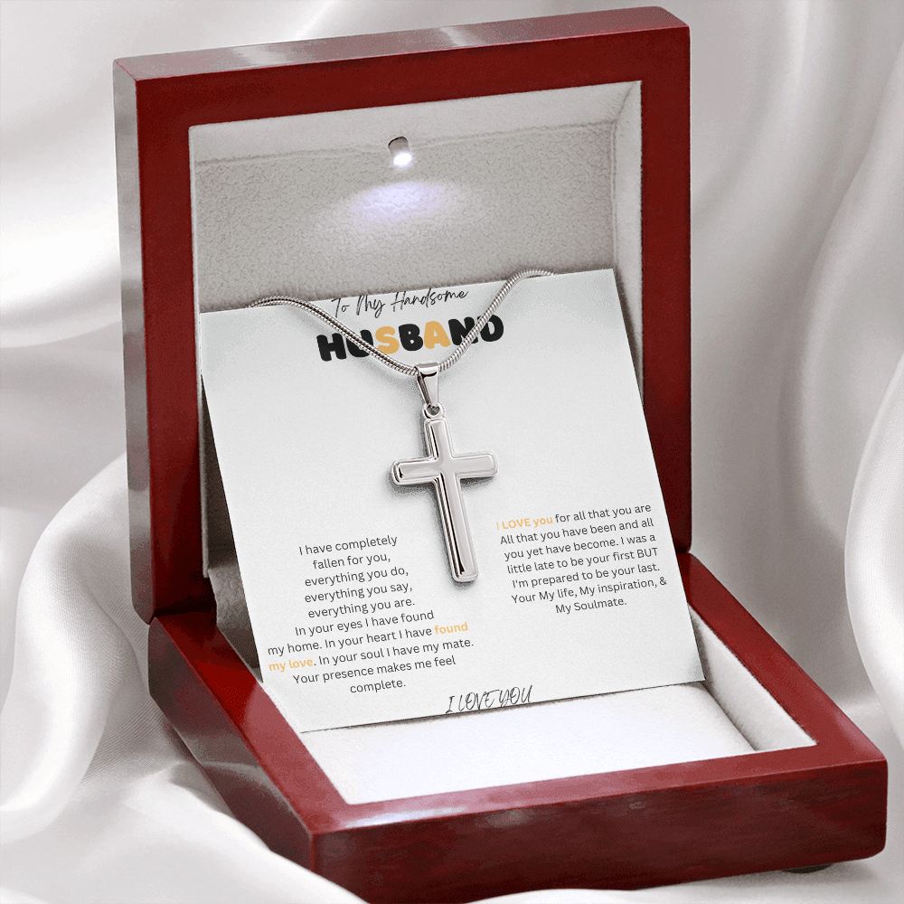 To My Handsome Husband Stainless Steel Cross Necklace with message card