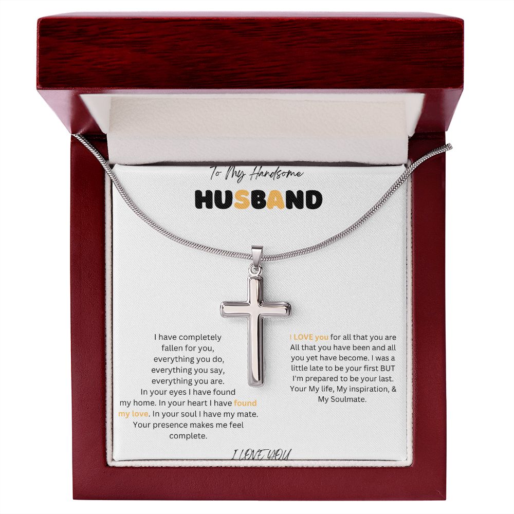 To My Handsome Husband Stainless Steel Cross Necklace with message card
